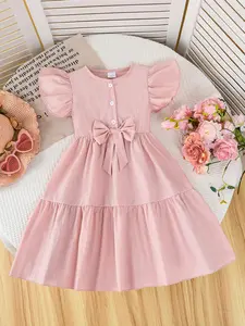 Girls' Sweet Princess Ruffle Dress with Butterfly Knot, Layered Skirt Design, Comfortable Fabric, Easy Wear, Suitable for 4-7 Years