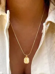 Women's Stainless Steel Herringbone Chain Necklace, Elegant Zirconia Block Letter Pendant Design, All-Season Jewelry Accessory