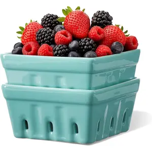 Berry Basket Ceramic Berry Bowls with Holes Square Fruit Bowl Berry Colander Containers for Fridge - 5.8" Fruit Basket for Kitchen Decor, Set of 2, Mint Green