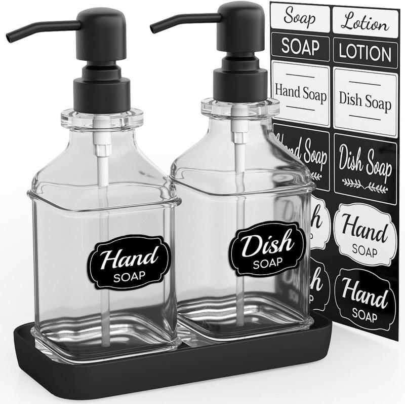 Soap Dispenser Set of 2, Antique Style Heavy Glass Soap Dispensers with Metal Tray, 304 Stainless Steel Black Pump (Rust Proof), 12Pcs Adhesive Labels for Kitchen Bathroom Bathroom Sink