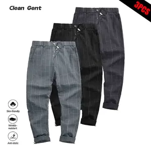 Clean Gent plaid button casual long pants, available in packs of 1/2/3 pieces; regular fit for comfortable everyday wear; men’s bottoms—casual fashion pants, casual athletic pants, casual street-style pants.