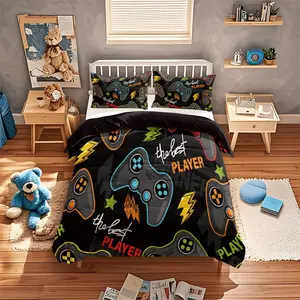 3-Piece Game Machine Print Bedding Set (1 Fitted Sheet + 2 Pillowcases), Soft Comfortable Bedroom Decor, Suitable for Dorms & Guest Rooms, Soft Bedding Sets