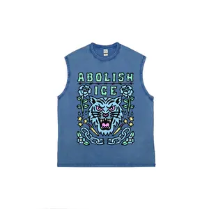 Men's Vintage Retro Streetwear Cotton Tank Top - Soft, Breathable, Distressed, Heavyweight, Sleeveless, Tiger Graphic Vest