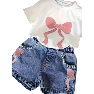 Girls' 2-Piece Polyester Casual Suit - Pink Bow Print Short-Sleeved Top with Embroidery & Nail Beads, Wide-Leg Embroidered Pants, Fashionable Cute Outfit for Kids, Suitable for Daily & Play Scenes
