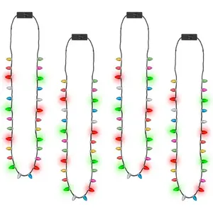 Light up Christmas Necklace, 4pcs Xmas Bulb Necklaces Accessories Bulk, Colorful Glow 3D Xmas Bulb Necklaces Decor, 3 Modes Light Necklace Decor for Ugly Sweater New Year Family Party Supplies