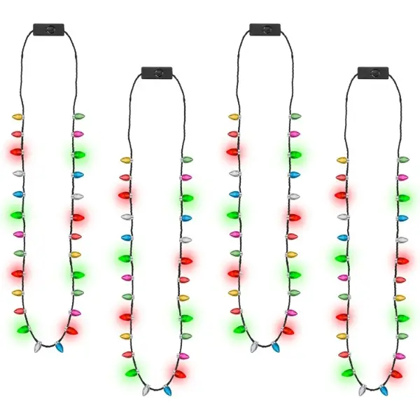 4pcs Unisex Plastic 3D Christmas Bulb Necklaces - Glowing, 3 Modes Light-Up Festive Decor Accessories for Ugly Sweater Parties, New Year Gatherings
