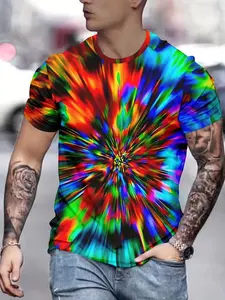 Men's Tie-Dye Short Sleeve T-Shirt, Fashionable Casual Streetwear Graphic Print Top, Breathable Tropical Summer Wear, Fitted H-Type, All Seasons