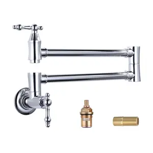 WOWOW Vintage Solid Brass Wall-Mount Pot Filler, Dual Arms, Cold Water, High-Flow Kitchen Stove Faucet for Commercial Use
