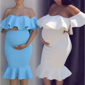 European & American Maternity Maxi Dress Stretchy Fabric Ruffled Collar Elegant Train Photoshoot Gown for Pregnancy Photography