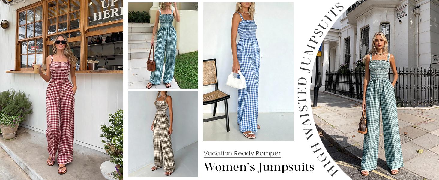 PrettyGarden Plaid One Piece Jumpsuits for Women Casual Summer Cruise Outfits Spring Fashion Smocked Wide Leg Gingham Rompers#Summervibes