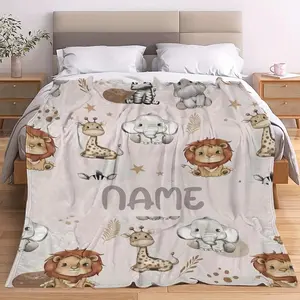 Personalized Name Digital Printed Flannel Blanket Simple Cute Animal Series Kids Nursery Decor Holiday Gift Office Living Room Warm Cozy Throw Bed Sofa Unique Baby Present