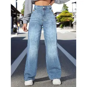 Women's High-Waisted Vintage Streetwear Classic Straight-Leg Non-Stretch Structured-Fit Jeans - Comfortable Solid Light Blue Cotton Viscose Trousers with Button, Zipper, Chunky Basic Bottoms for Cropped Tops, Hoodie Pairing
