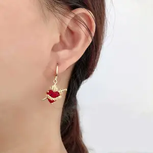 Y2K Sacred Heart & Arrow Earrings, Vintage Red Zircon Drop Hoops for Women