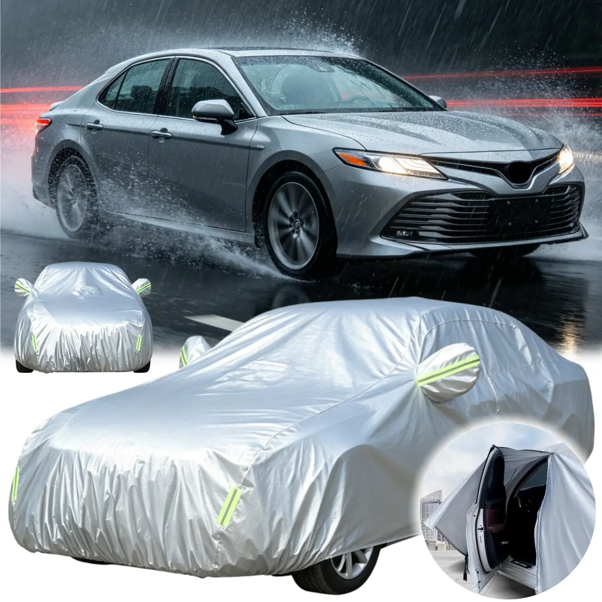 6-Layer Waterproof Full Car Cover for Toyota Camry, Water Resistant, Dustproof, UV Protection, Indoor-Outdoor Weatherproof Silver Exterior Accessory for Car Owners, Easy to Remove
