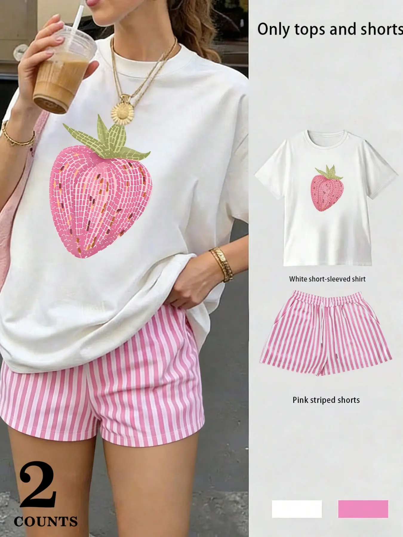 Women's Loose Fit Oversize Graphic T-Shirt Top and Shorts, Strawberry Fruit Letter Design, Comfortable Casual Campus Style, Everyday Trendy Streetwear, Sweet and Simple