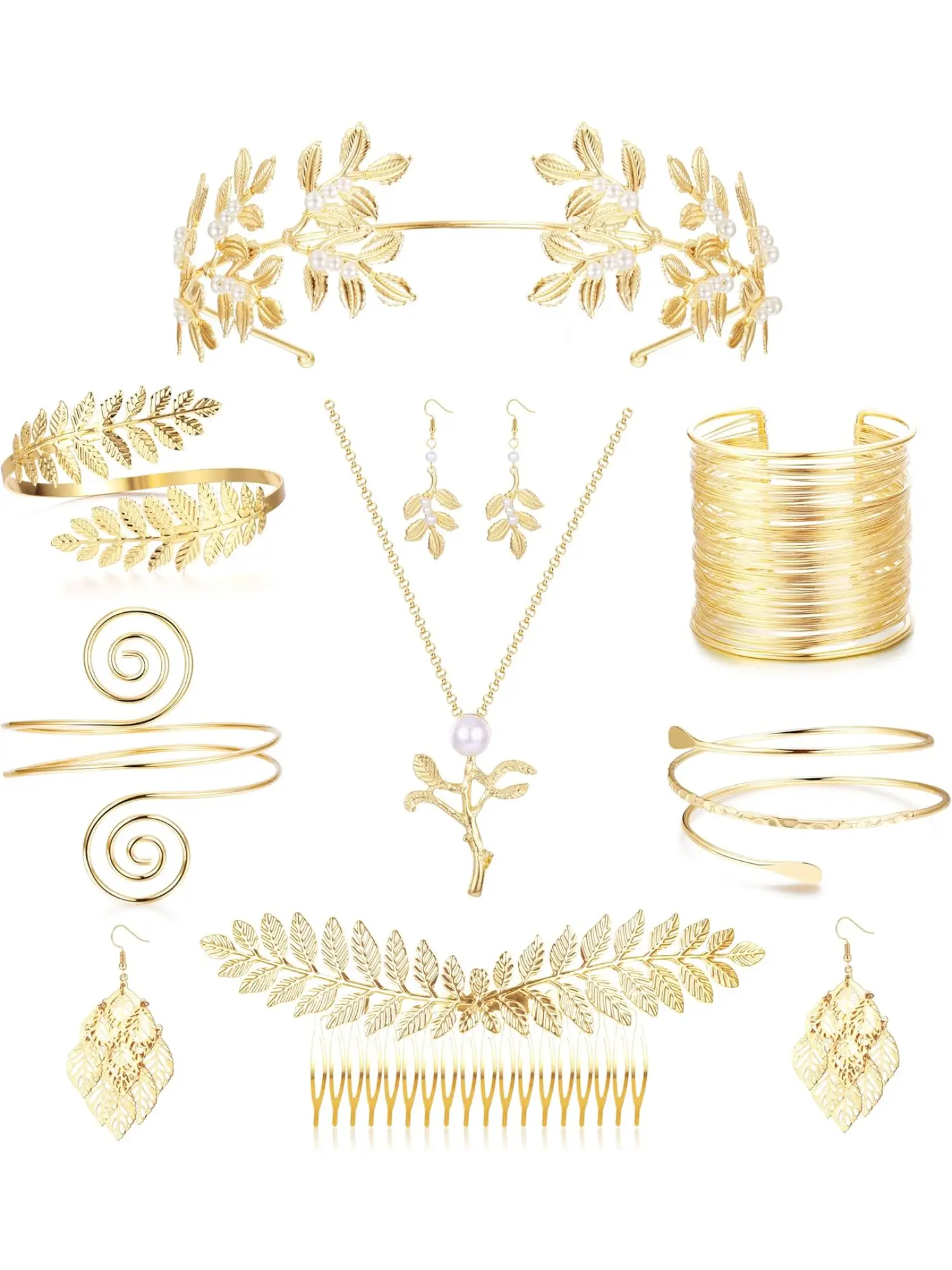 9 Pcs Greek Goddess Costume Accessories Set for Women Golden Laurel Leaf Crown Headband Upper Arm Coil Bracelet Pearl Leaf Dangle Earring Artificial Pearl Earrings Necklace Bridal Wedding Elegant Jewelry Set