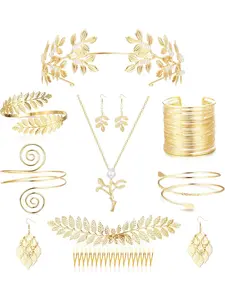 9 Pcs Greek Goddess Costume Accessories Set for Women Golden Laurel Leaf Crown Headband Upper Arm Coil Bracelet Pearl Leaf Dangle Earring Artificial Pearl Earrings Necklace Bridal Wedding Elegant Jewelry Set