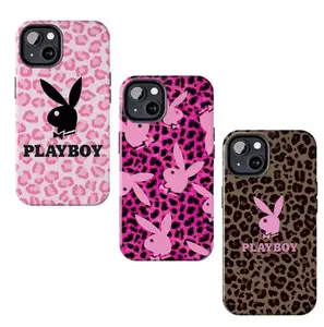 Playboy leopard print pink phone case, compatible with iPhone 17/16/15/14/13/12/11 Pro Max/Plus  Adorned with wildflower patterns, a unisex birthday gift.