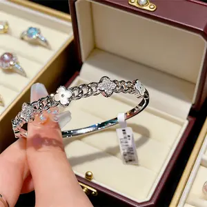 Trendy Four-Leaf Flower Zircon Bangle Gold Plated Elegant Luxury Bracelet for Ladies