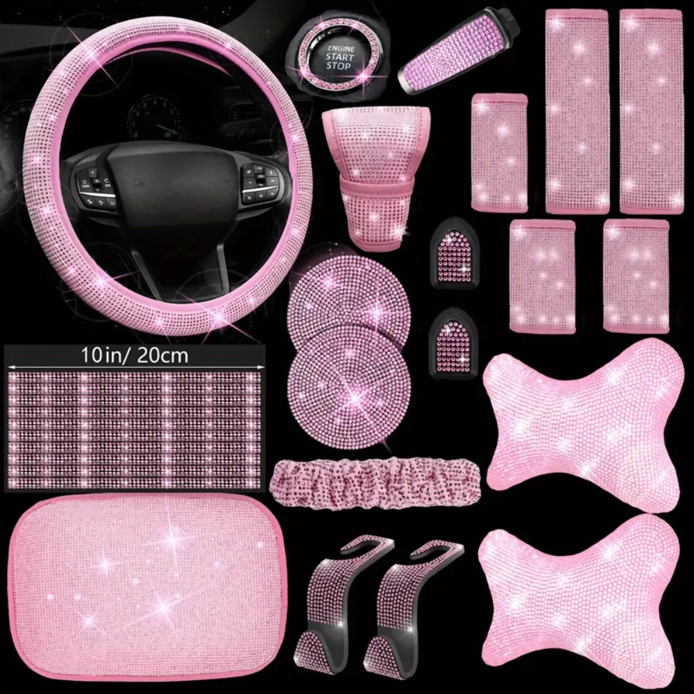 YASEENLIN Women's Bling Pink 29-Piece Car Interior Gift Set - 15in Rhinestone Steering Wheel Cover, Headrests, Mirror Protectors, Armrest Pads, Faux Leather Protection, Girly Sets, Accessories, Cool Stuff for Women, Universal Fit
