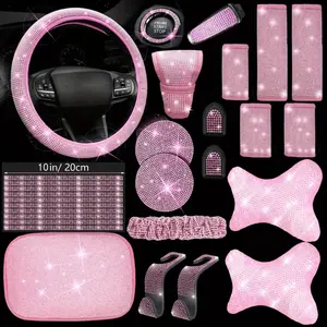 YASEENLIN Bling Pink Car Set for Women 29pcs Glamorous Rhinestone Interior Accessories 15 Inch Steering Wheel Covers Headrests Mirror Protectors Armrest Pads Decorative Accents Universal Fit,crystal glitter