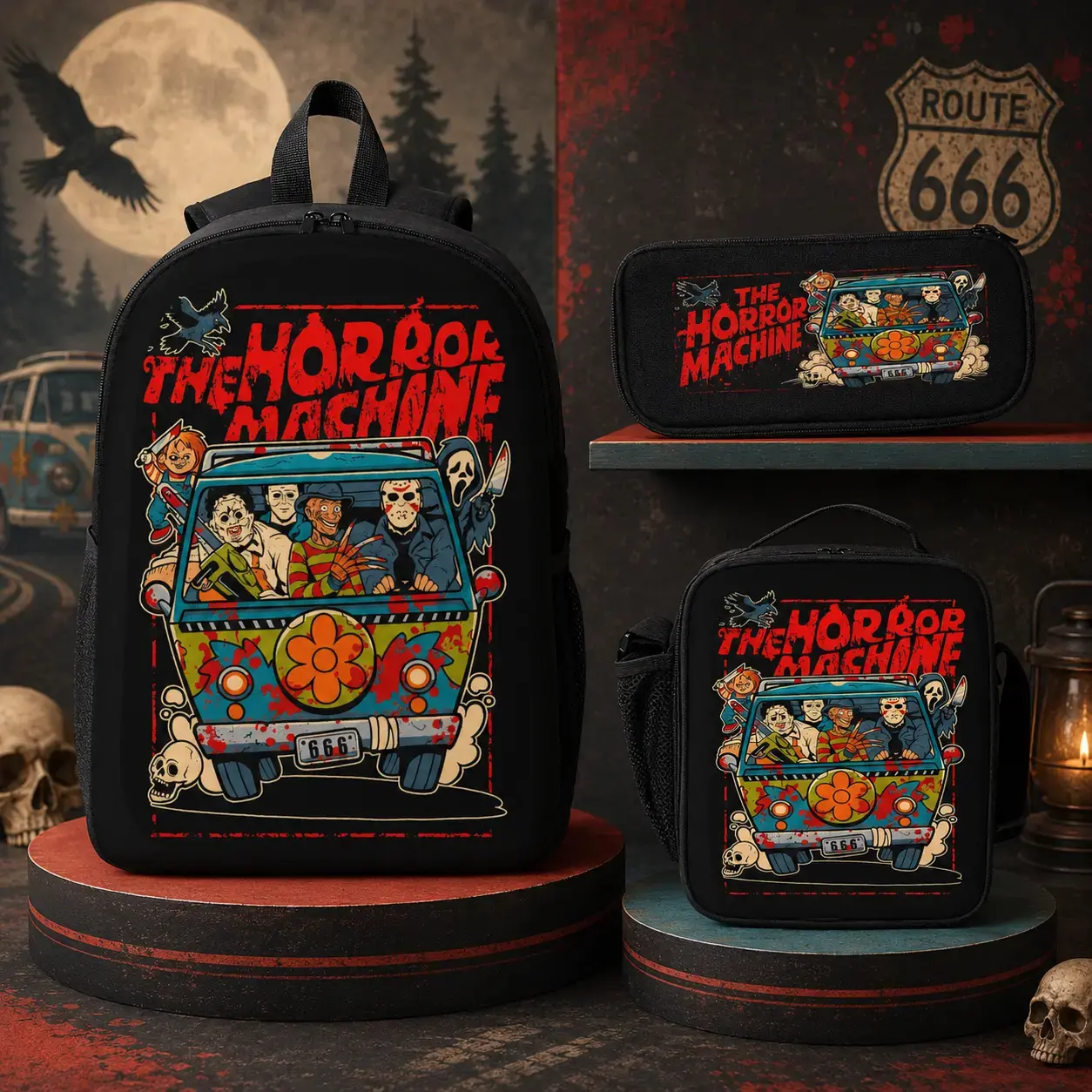 Horror Movie 3-Piece Backpack Set, Character Art Streetwear Bookbag with Lunch Bag & Pencil Case for Teens, Large Capacity Casual Backpacks for School, Character Art Backpacks