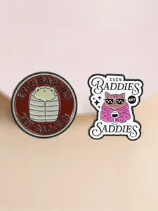 2Pcs "Even Baddies Get Saddies" Enamel Pins, Cute Cat & Frog Quote Badges, Fashion Accessories, Perfect Gift for Friends