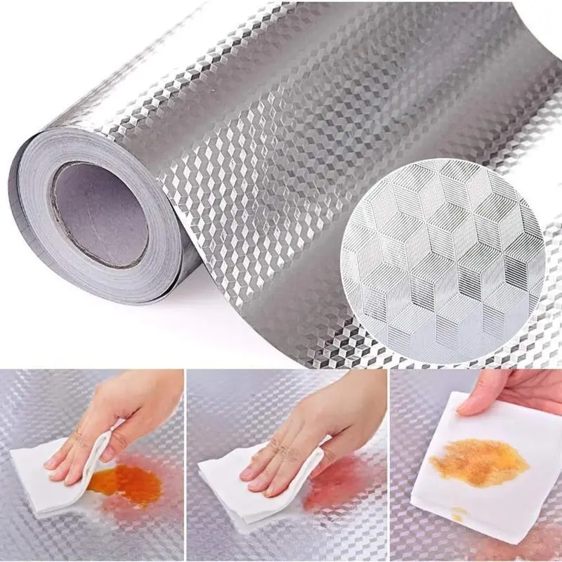 Kitchen Wallpaper Oil Proof Sticker Aluminum Foil Backsplash Self-Adhesive Contact Paper Cabinet Liner Waterproof Heat Resistant Peel and Stick Wallpaper 15.75X39.37 Inches Cubed Texture Silver Non-Woven