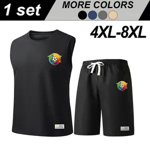 4XL–8XL Plus Size Men’s World Map Soccer Print Sleeveless T-Shirt + Solid Color Drawstring Shorts Two-Piece Set, Loose Casual Oversized Crew Neck Sleeveless T-Shirt, Drawstring Elastic Waist Straight-Leg Shorts, Fitness Running Basketball Training Sports
