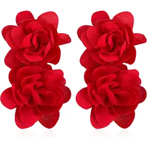 Big Flower Drop Earrings for Women Long Fabric Floral Dangle Earrings Bohemian Exaggerated Statement