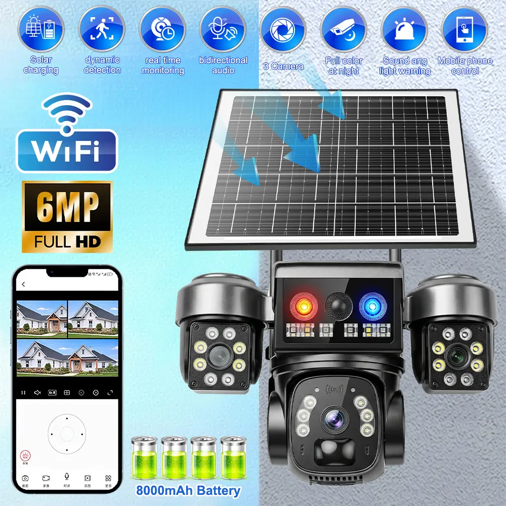 【DealsForYouDays】3 Lens 12MP HD Solar Battery Wireless WiFi Outdoor PTZ Home Security Camera CCTV