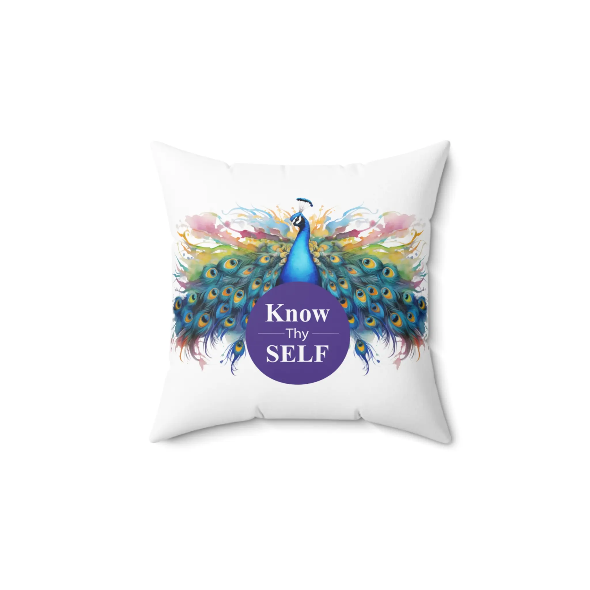 Know Thyself Peacock Square Pillow - Inspirational Home Decor