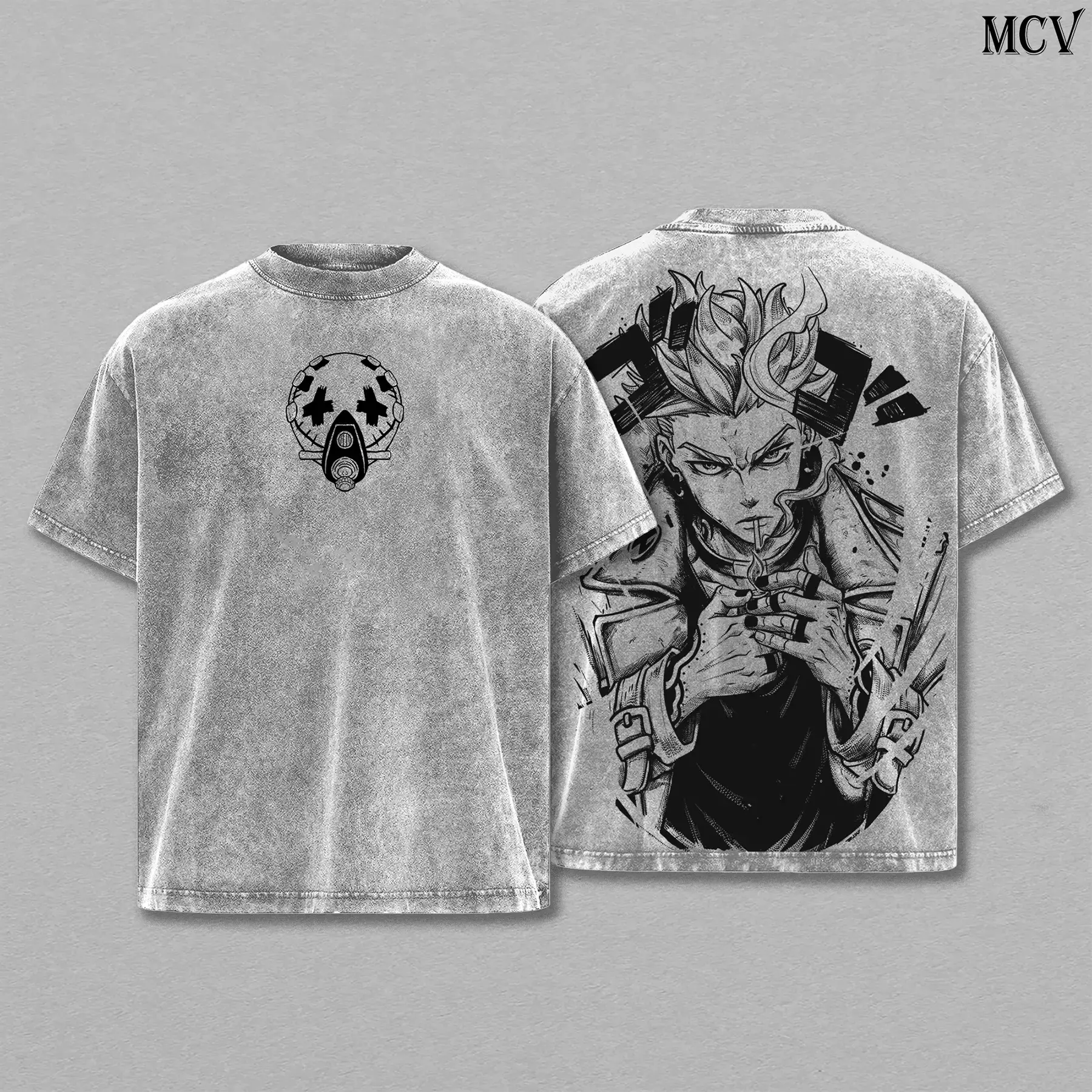 Unisex Graphic T-Shirt in Washed Heavy Cotton, Oversized Retro Fit, Gritty Manga Style Cyberpunk Streetwear Top, Tshirt, Antihero, Pure Cotton T-Shirts, Shoulder Tape, Relaxed Cut, Pre-Washed, Manga Graphic Men's Short-Sleeve T-Shirts