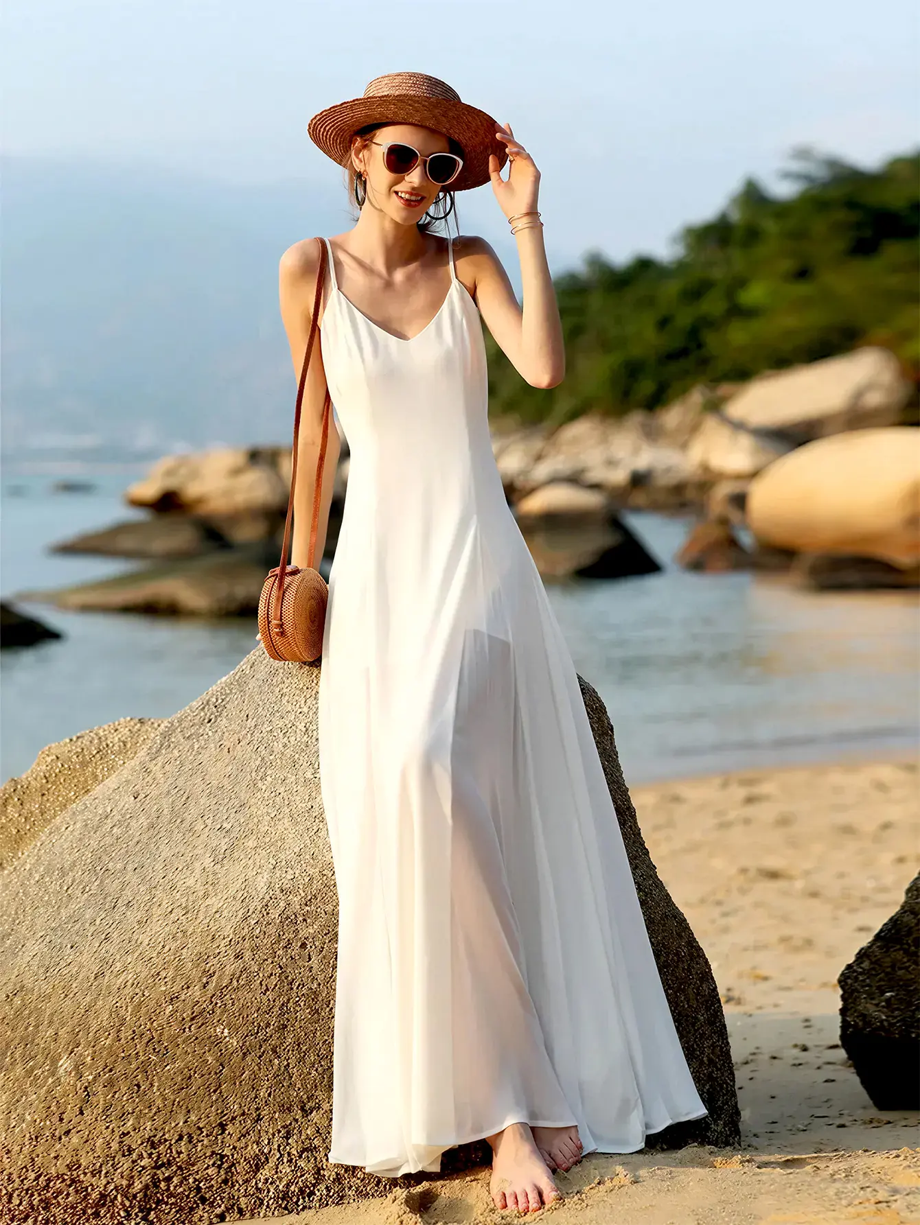 Women's Casual White Maxi Dress - Resort-Style Womenswear Beach Dress