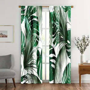 2pcs Green White Palm Leaves Curtains, Tropical Banana Leaf Blackout Curtain Window Treatment Drapes for Living Room Bedroom Hotel