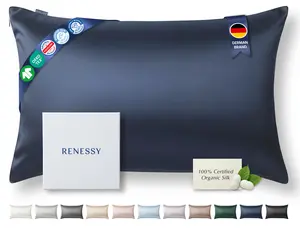 RENESSY Premium Silk Pillowcase 100% Organic Mulberry Silk, 22 Momme, Grade 6A - Oeko-Tex Certified in Germany - Luxury for Hair & Skin, 1 Piece (Standard Size 20x26 Inches, Navy Blue)