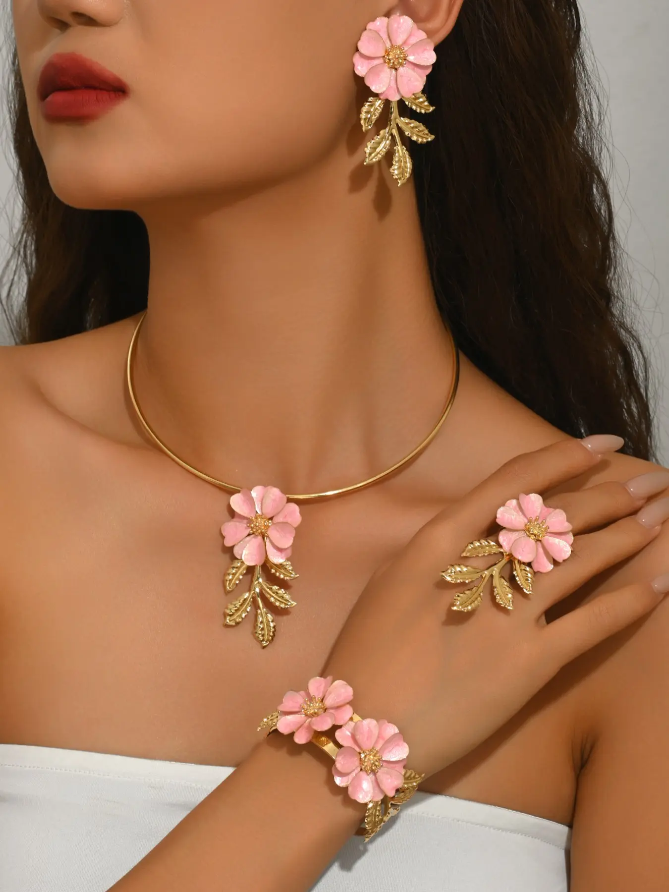 Boho Pink Flower Elegant Fashionable Jewelry Set for Women, 4Pcs Floral Drop Earrings, Adjustable Ring, Cuff Bracelet & Choker Necklace with Gold Leaves, Statement Summer Accessories for Party, Wedding, Daily Wear, Perfect Gift for Her