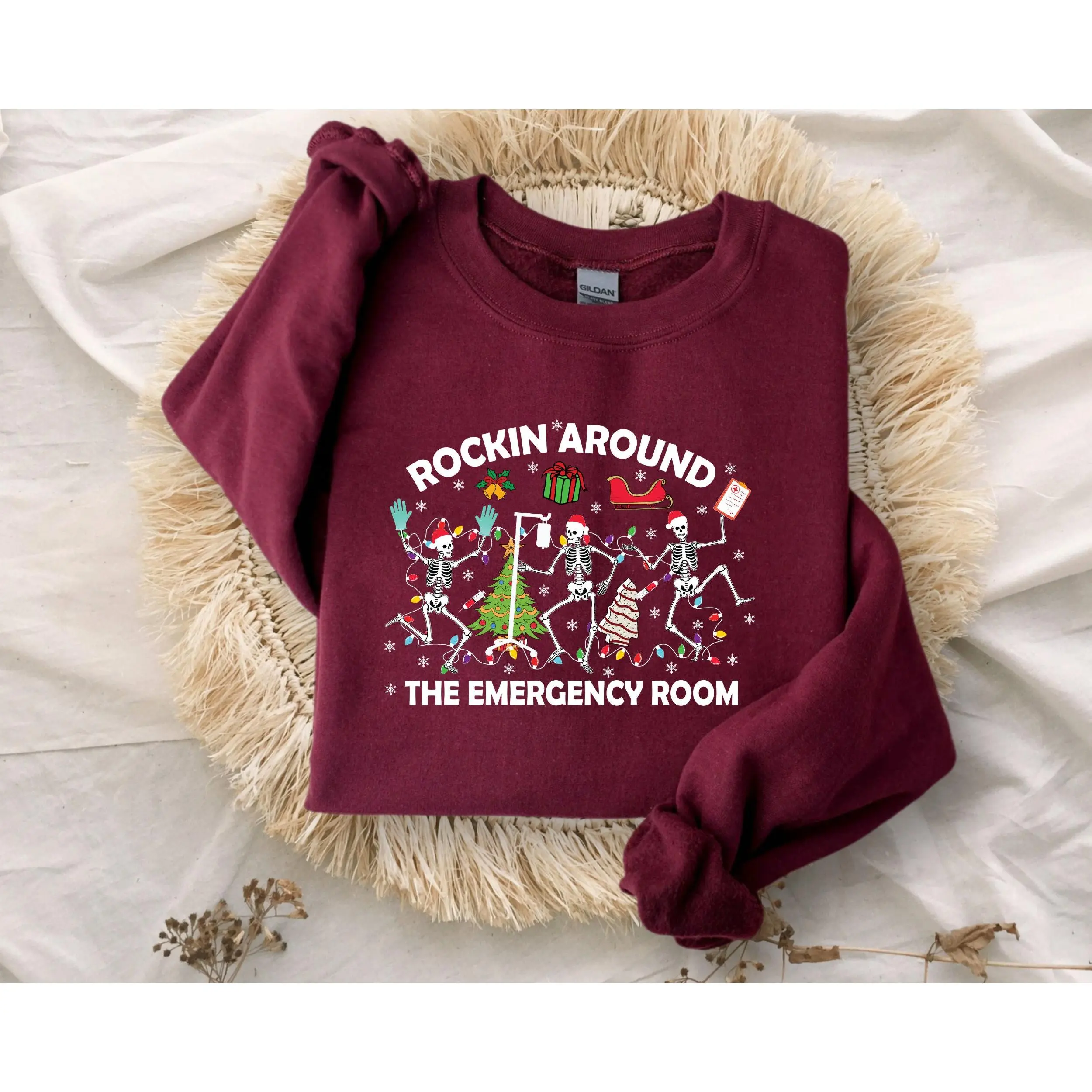 Christmas Er Nurse Cotton Crewneck Er Nurse Graphic T-shirt Rockin' Around Skeleton Er Tech Shirt Emergency Department Christmas Gift For Nurse