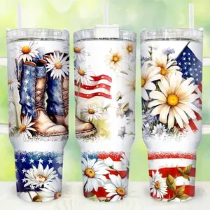 40oz Home Made Business Tumbler with Patriotic Boot & Daisy Design American Flag Theme Drinkware