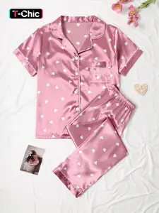 Valentine's Day Women's Satin Pajama Sleepwear Loungewear Set, Heart Pattern Top & Contrast Color Pants, Comfortable Night Home Wear Gift Choice