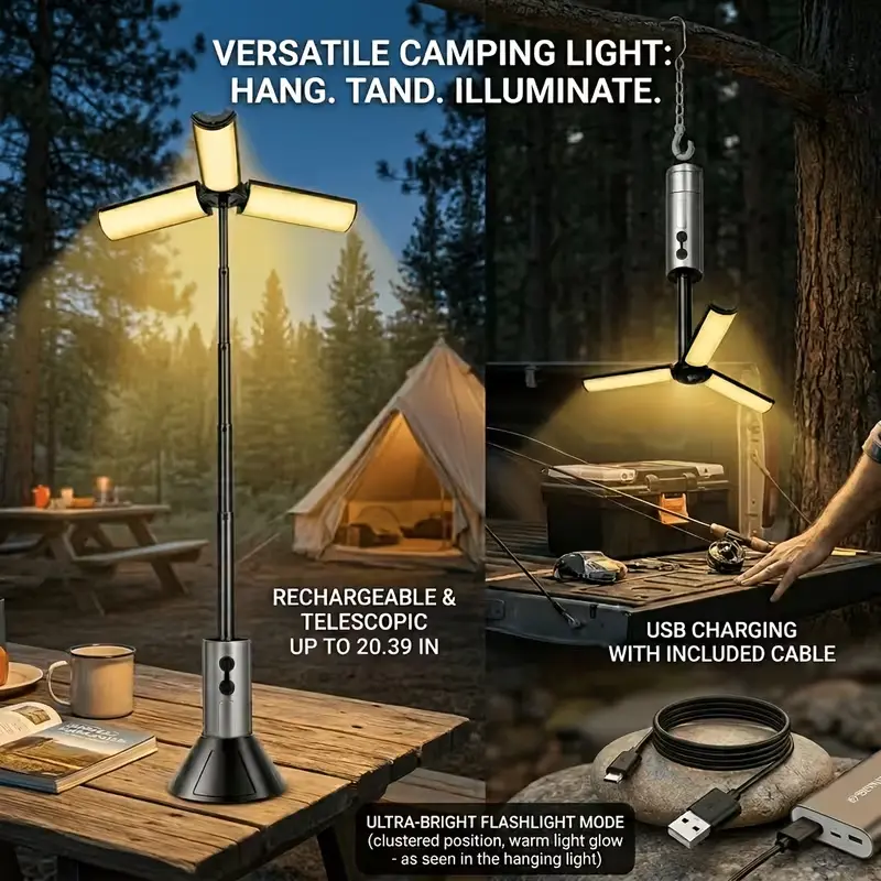 High-lumen retractable foldable camping lights, portable LED flashlights, dimmable USB-rechargeable tent lights, adjustable hanging floodlights and work lights, hanging tent camping lights, suitable for camping, hiking and fishing scenarios