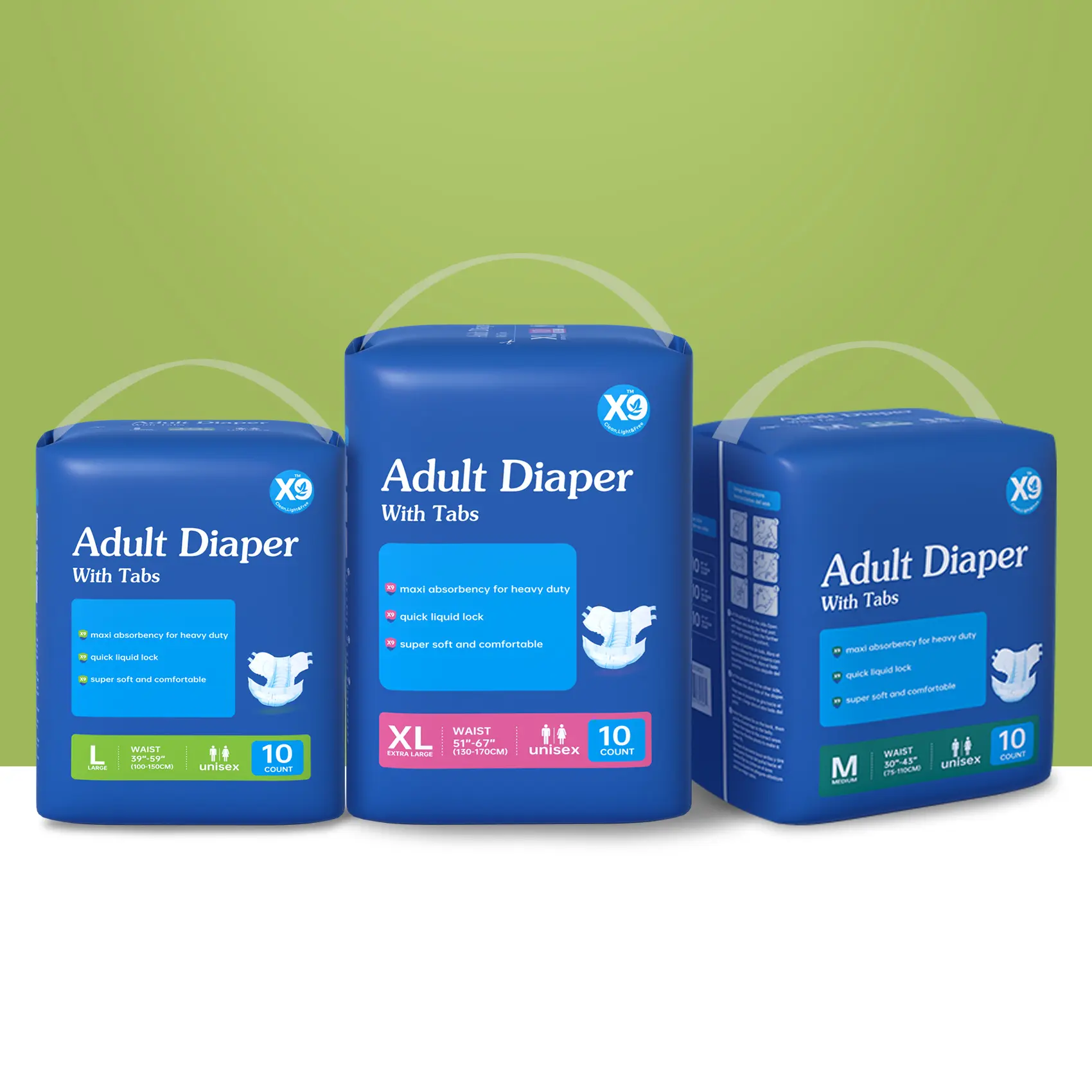 X9 High Absorbency Disposable Adult Briefs for Men & Women, Leakproof with 8HR Odor Control, Skin-Friendly & Unscented, Adjustable Tabs, 3-Pack (M/L/XL), High Absorbency Adult Diapers, Care, Maxi Absorbency For Heavy Duty