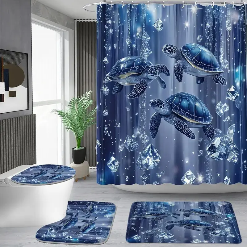 1pc/4pcs Sparkling Diamond and Turtle Pattern Aesthetic Shower Curtain Set, Non-slip Floor Mat, U-Shaped Carpet, Toilet Seat Cover, Home goods, Bath Accessories, Perfect for Bathroom Decoration, Partition, Comes with 12 Shower Curtain Hooks