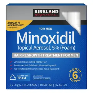 Kirkland Signature Minoxidil Topical Foam for Men's Hair and Beard Regrowth Treatment, Unscented, 1 to 6 Months Supply, Easy Application