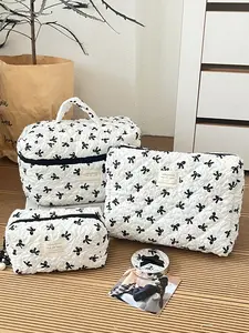 Wrinkled Bowknot Three-Piece Set White High-Value Small Fresh Retro Niche Travel Portable Storage Cosmetic Bag Suitable for Women Girls