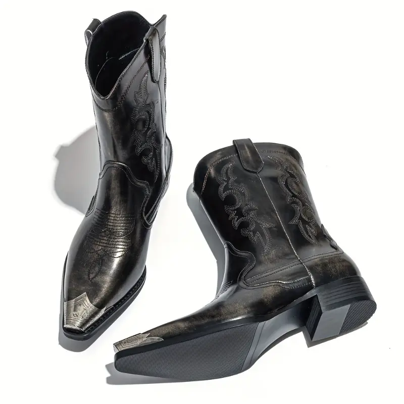[Mens Retro Cowboy Boots] Retro Western Cowboy Boots, Embroidery & Metal Accents | Men's Slip-On Long Boots, Pointed Toe Rubber Sole for All-Season Outdoor, Streetwear & Party Wear, Durable Construction, Casual Wear Walking Shoes Footwear
