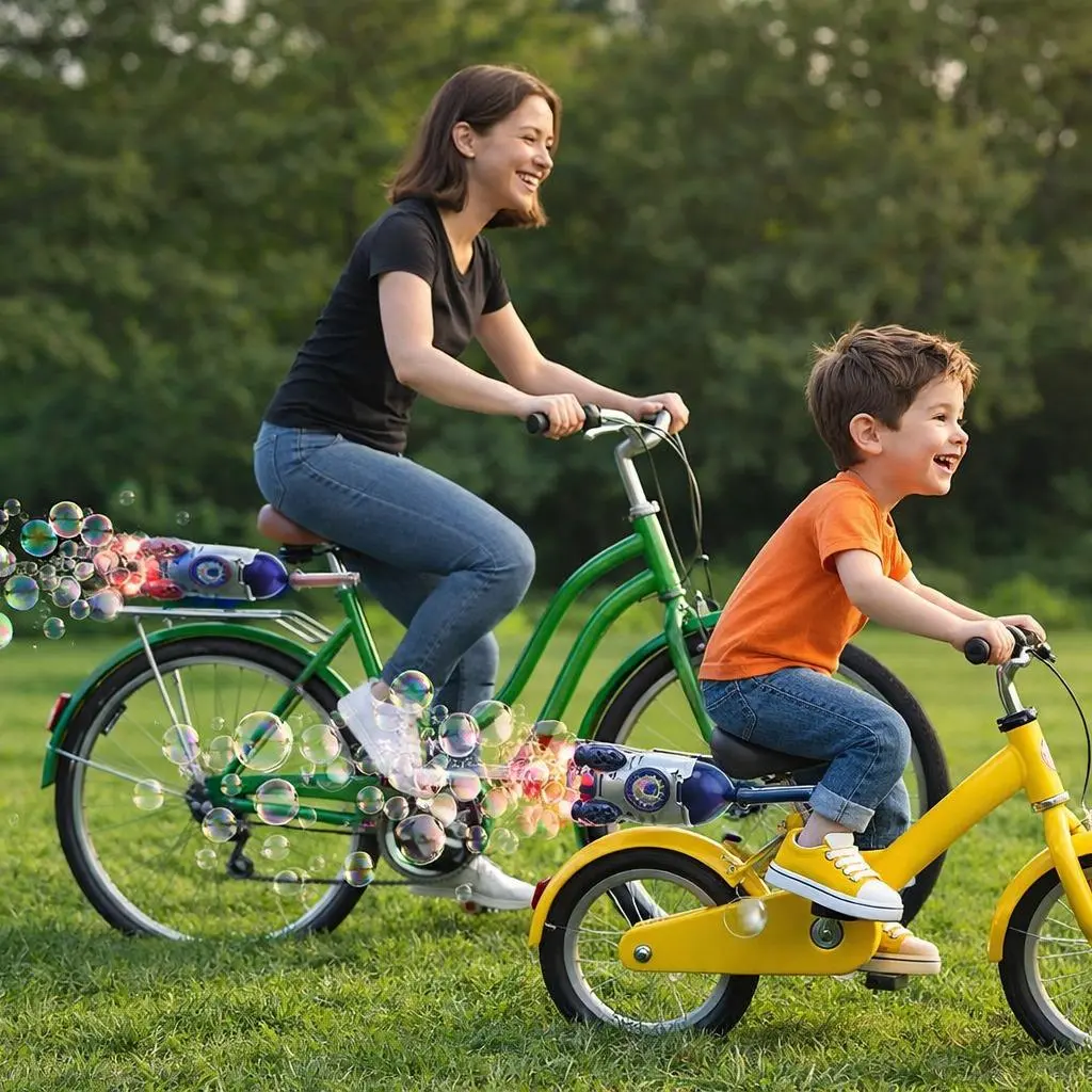 Rocket Shape Kids Bike Bubble Machine with Colorful Lights, USB Rechargeable Fun Outdoor Adventure Riding Toy