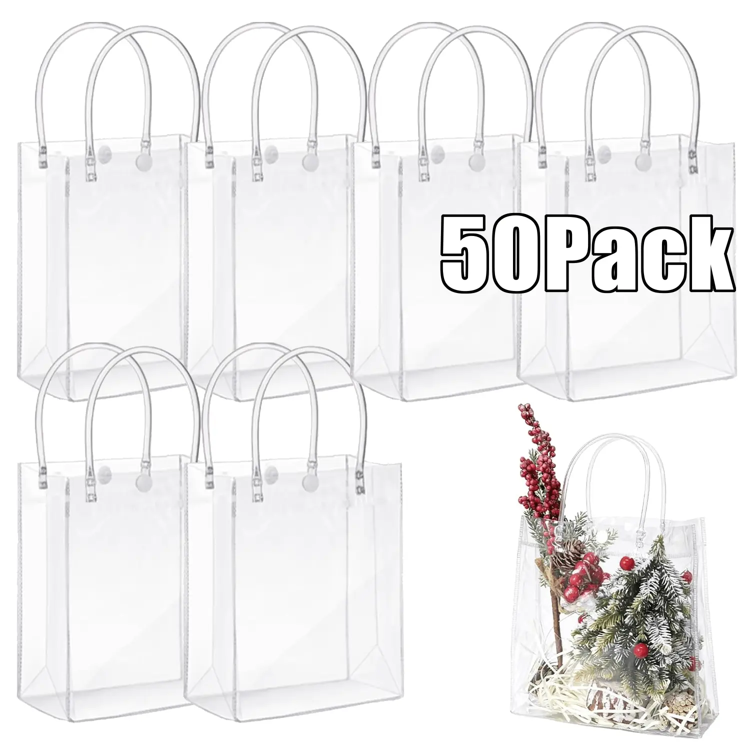 50PCS Clear Gift Bag with Handle- Reusable Transparent Plastic Gift Wrap Tote Bags,Portable Goody Bag,Small Gift Bag Bulk for Christmas,Wedding,Birthday Party Bag,Party Favor