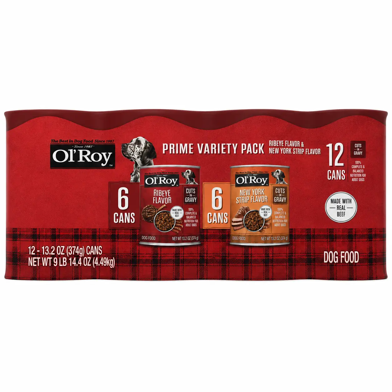 Adult Wet Dog Food Variety Pack, Ribeye & New York Strip Flavor Cuts in Gravy, Real Beef Recipe, 13.2 oz Cans, 12 Pack
