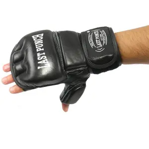 Last Punch MMA Training Gloves - Black, Fingerless Boxing Fighting Gloves with Geniun Leather